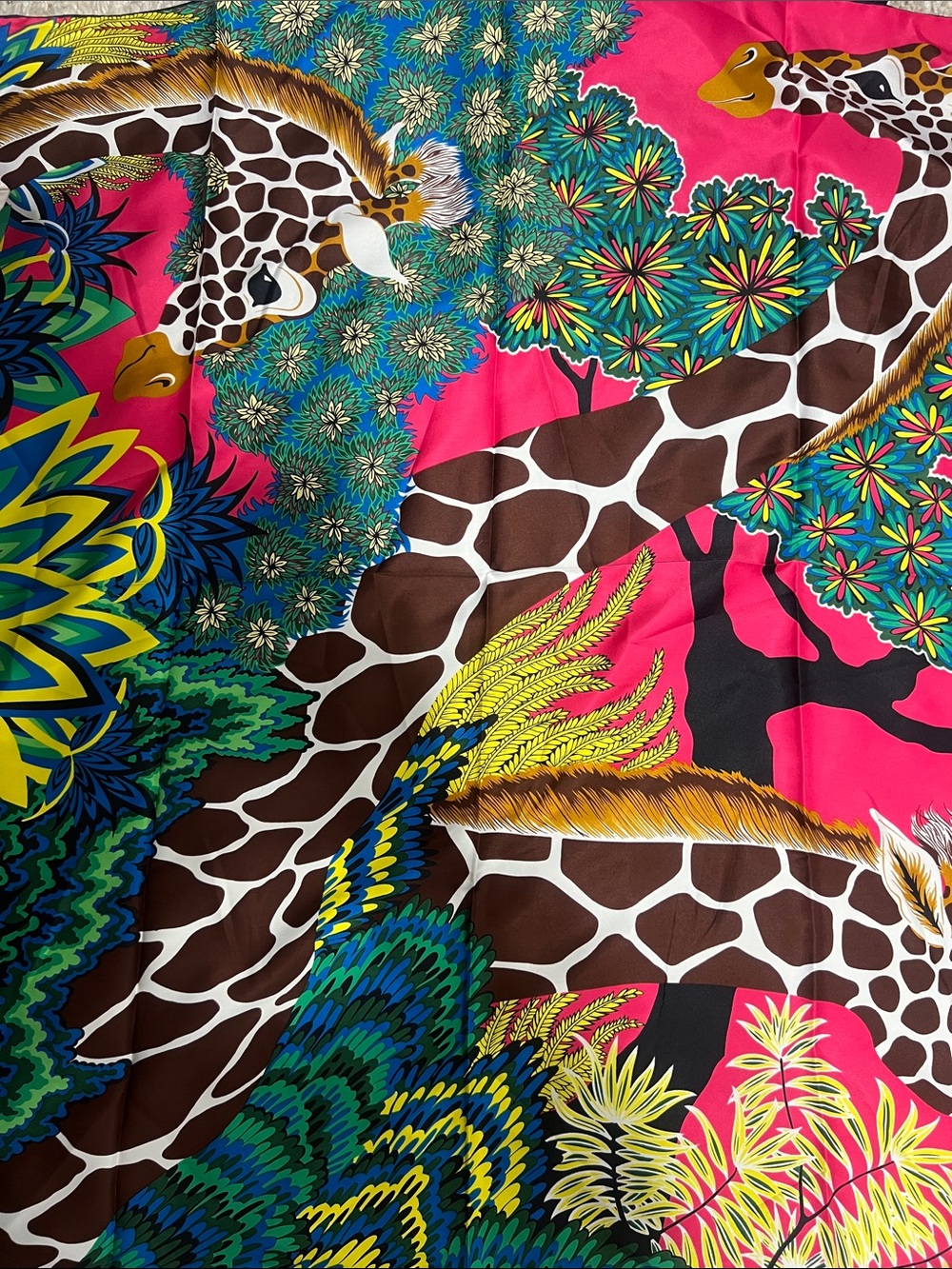 Vibrant Giraffe Print  Silk Scarf - Bold Pink, Brown & Teal